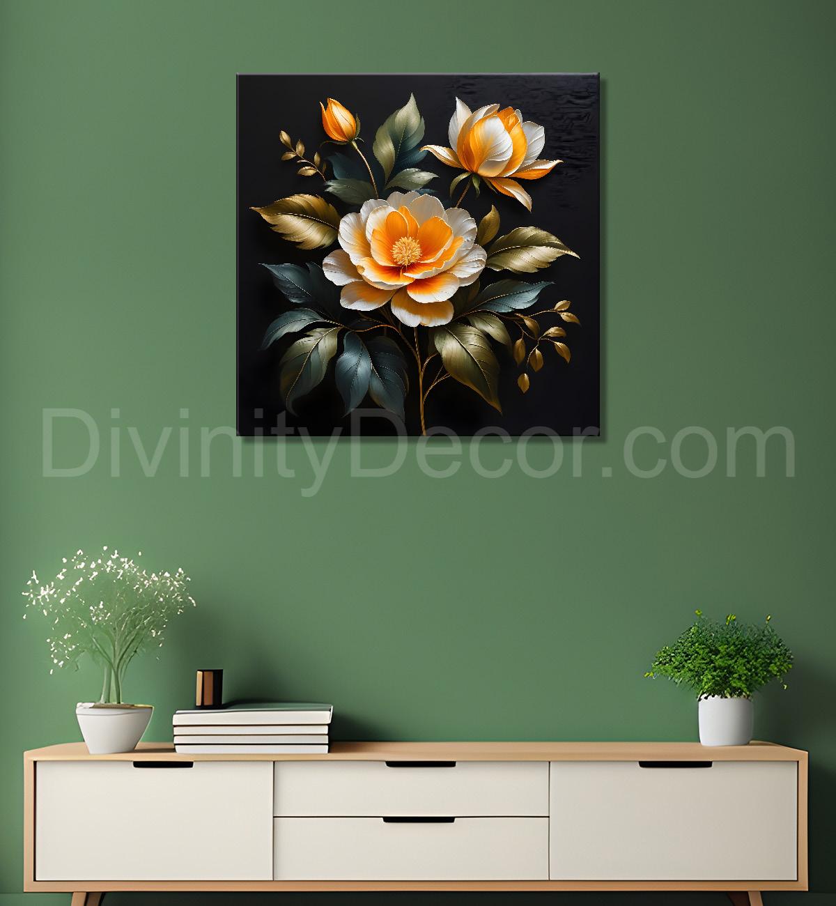 Orange flower in black textured oil painting - Flower-S-492
