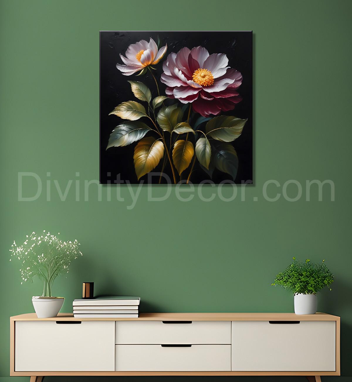 Purple flower in black textured oil painting - Flower-S-493