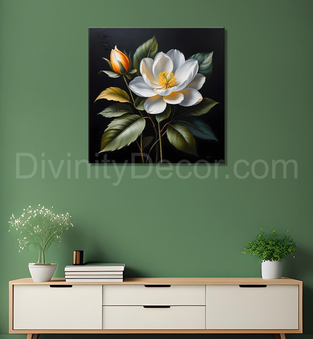 White flower in black textured oil painting  - Flower-S-494