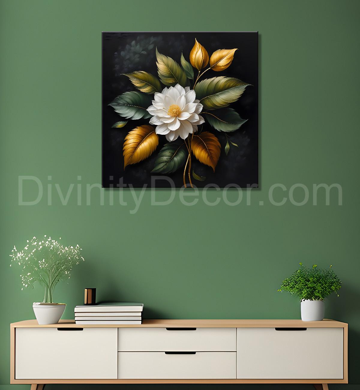 White flower in black textured oil painting - Flower-S-495
