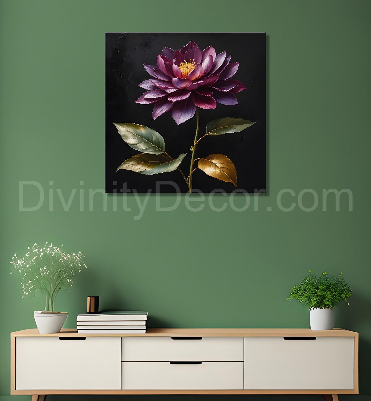Purple flower in black textured oil painting - Flower-S-496
