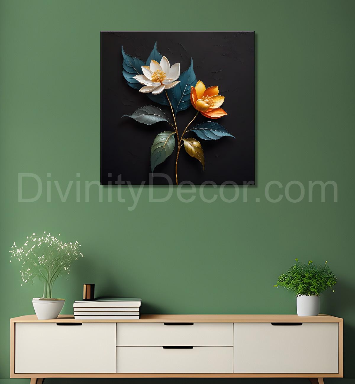 White and orange flowers in black textured oil painting - Flower-S-497
