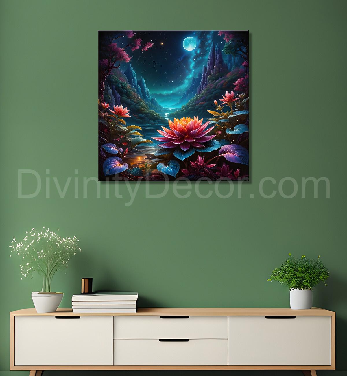 Flowers in the mountains with moon in beautiful textured painting - Flower-S-499