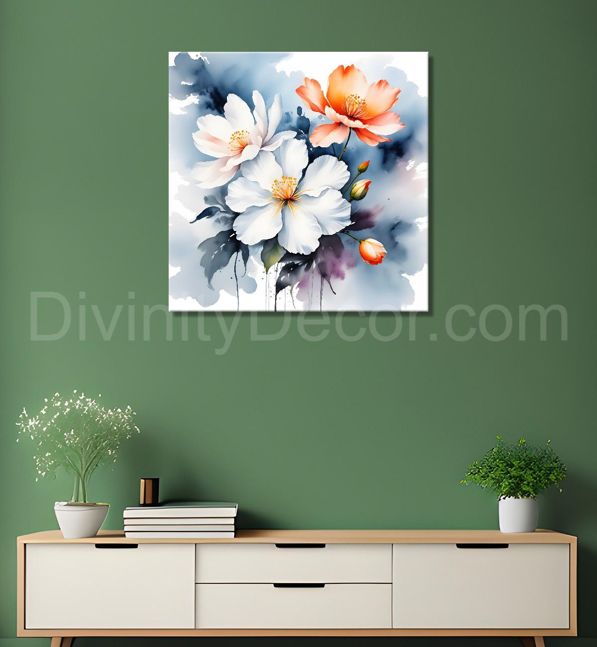 White and orange flowers in water colourful  textured painting Flower-S-505