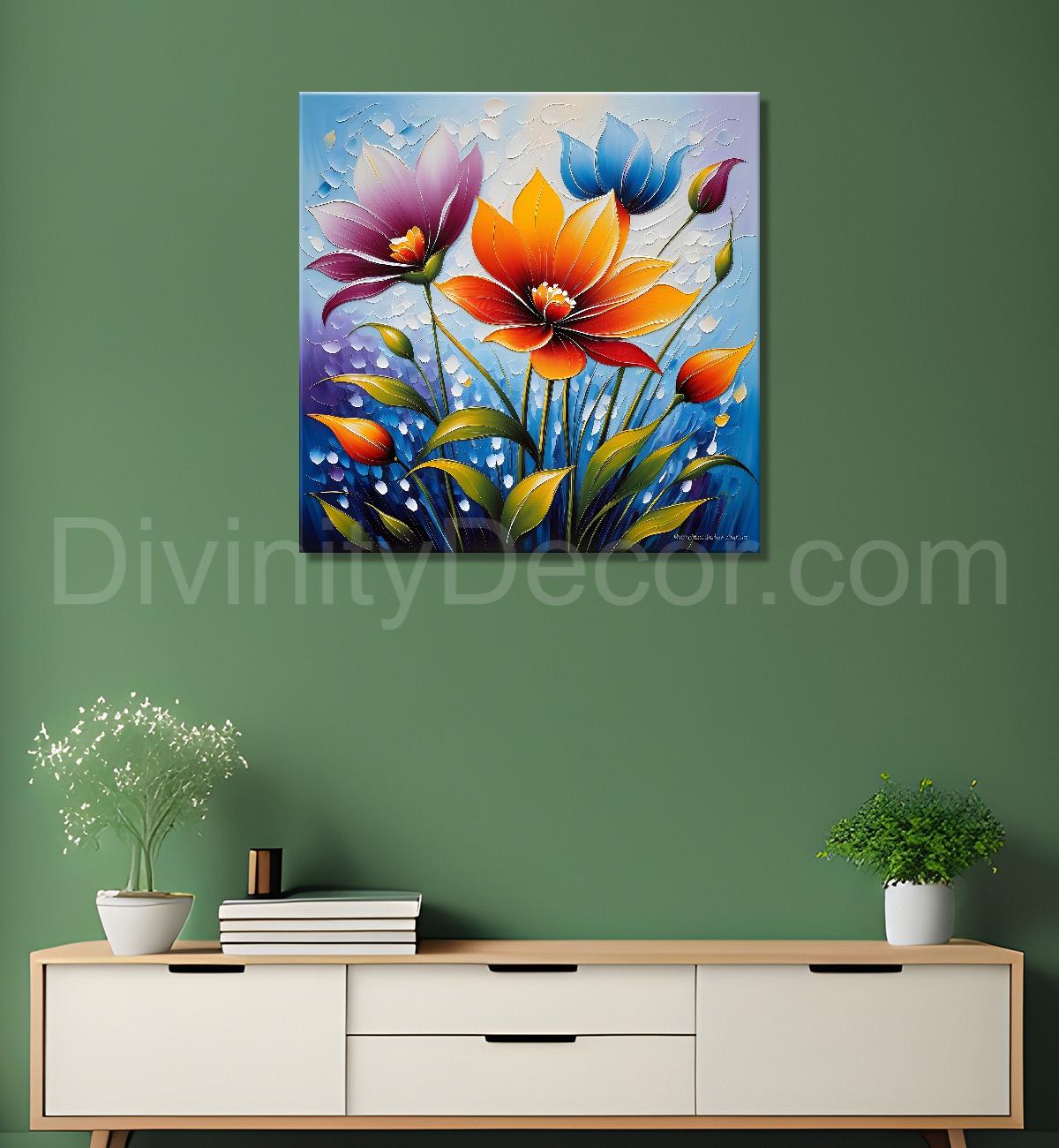 Colourful flower in blue textured painting Flower-S-506
