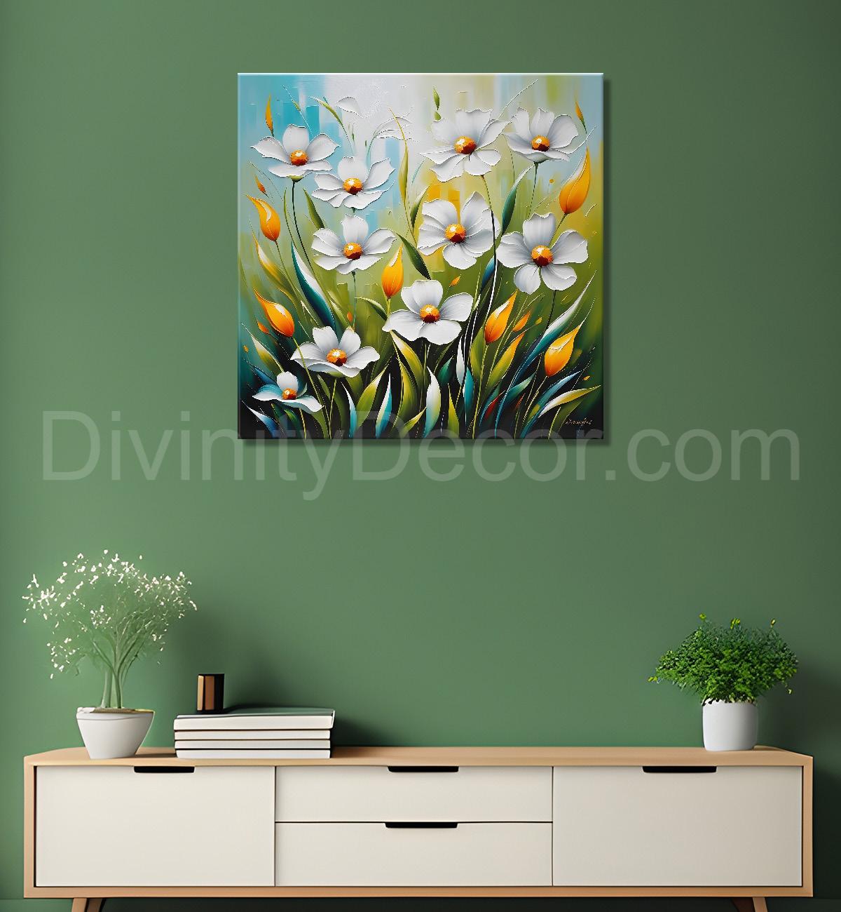 White flower in green textured painting Flower-S-507