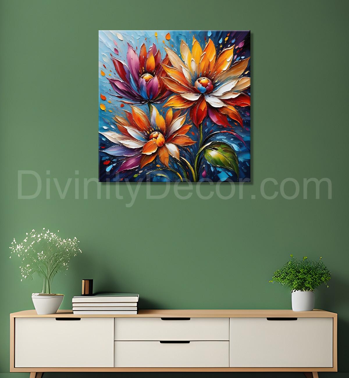 Colourful flower in blue textured painting Flower-S-508