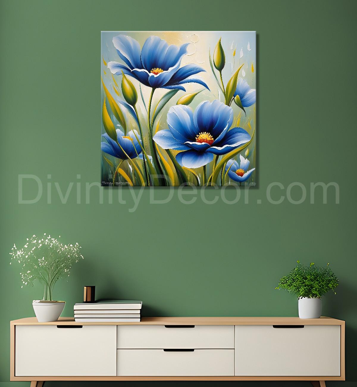 Blue flower in green textured painting Flower-S-509