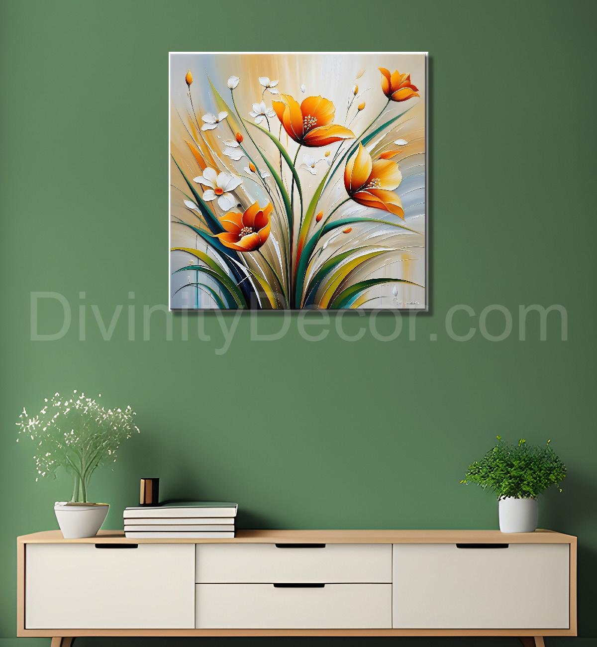 Orange flower in grey textured painting Flower-S-511