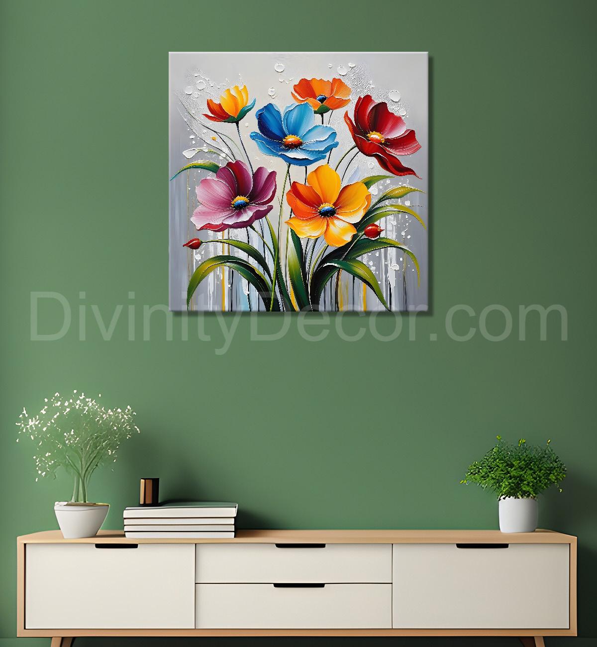 Colourful flower in blue textured painting Flower-S-516