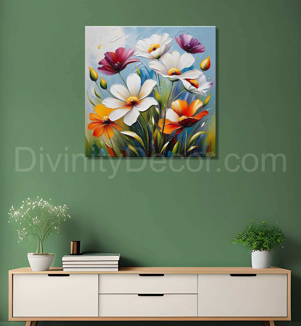 Colourful flower in blue textured painting Flower-S-513