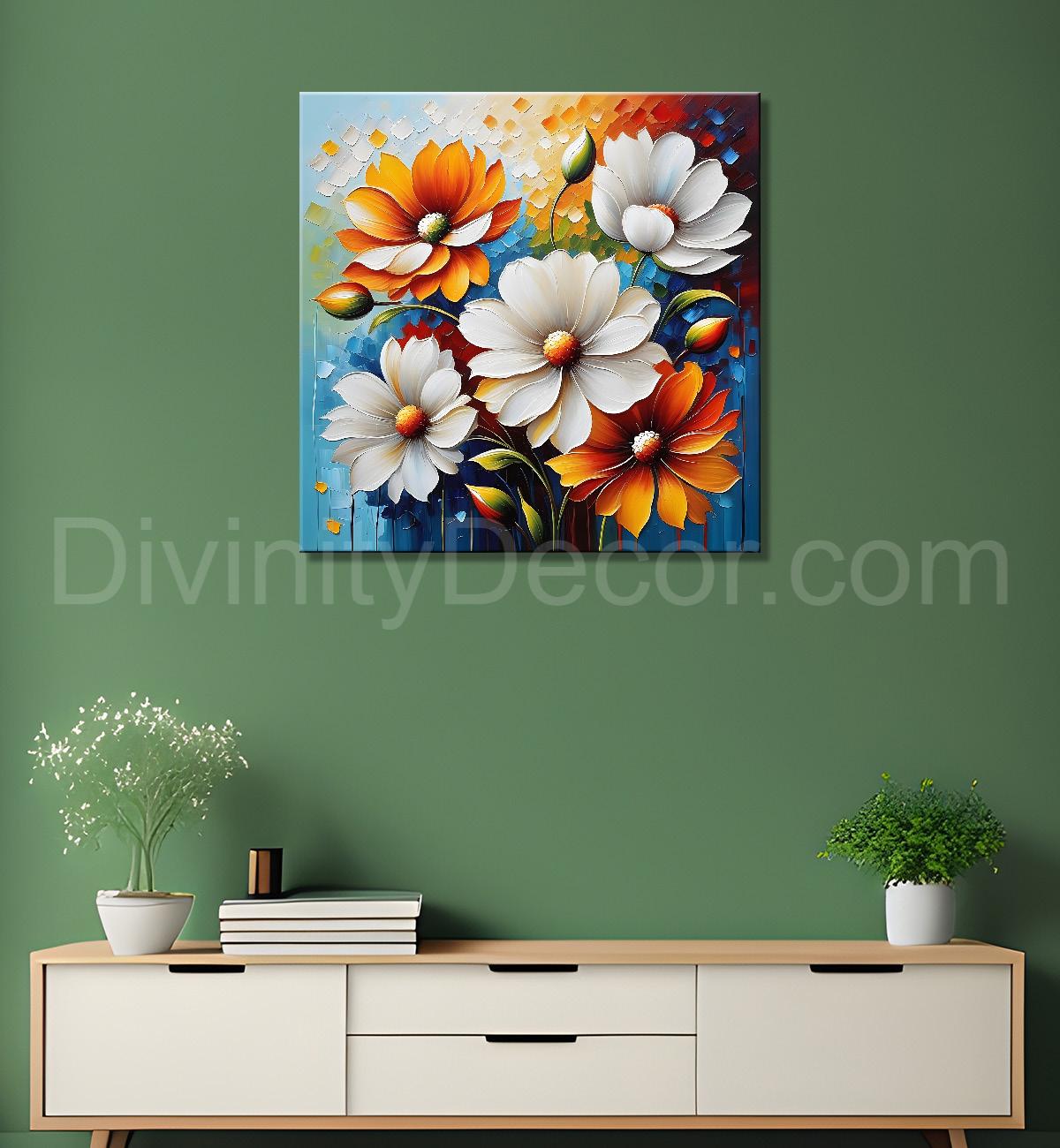Colourful flower in blue textured painting Flower-S-514