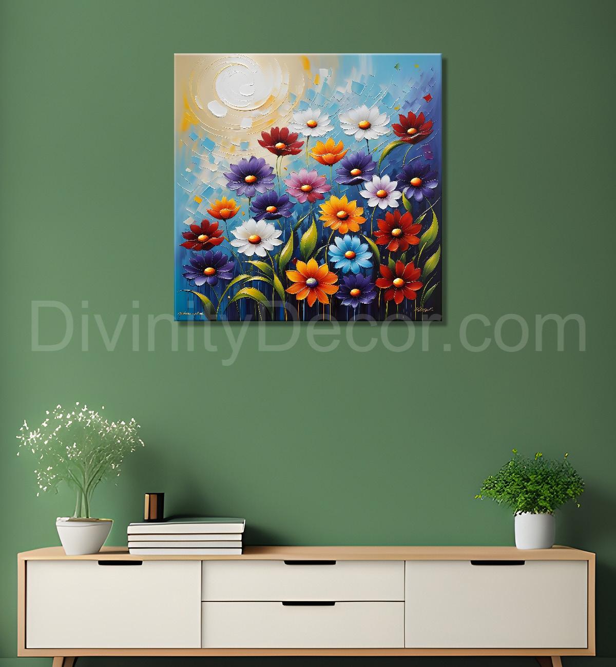 Colourful flower in blue textured painting Flower-S-515