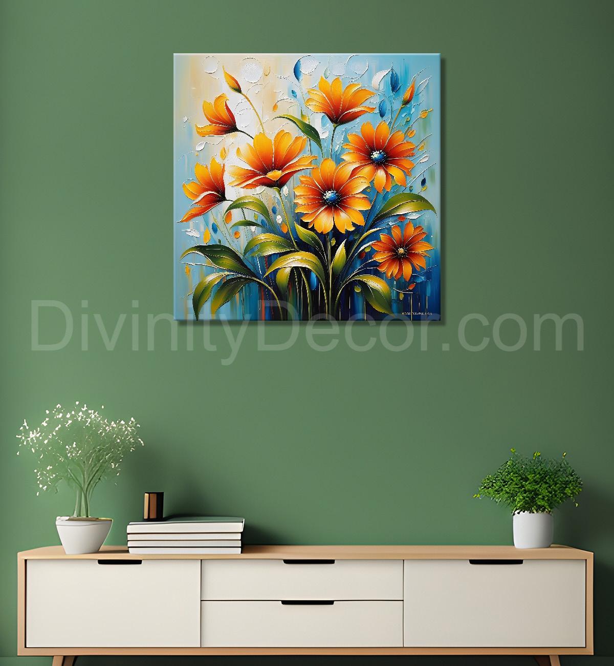 Orange flower in blue textured painting Flower-S-517