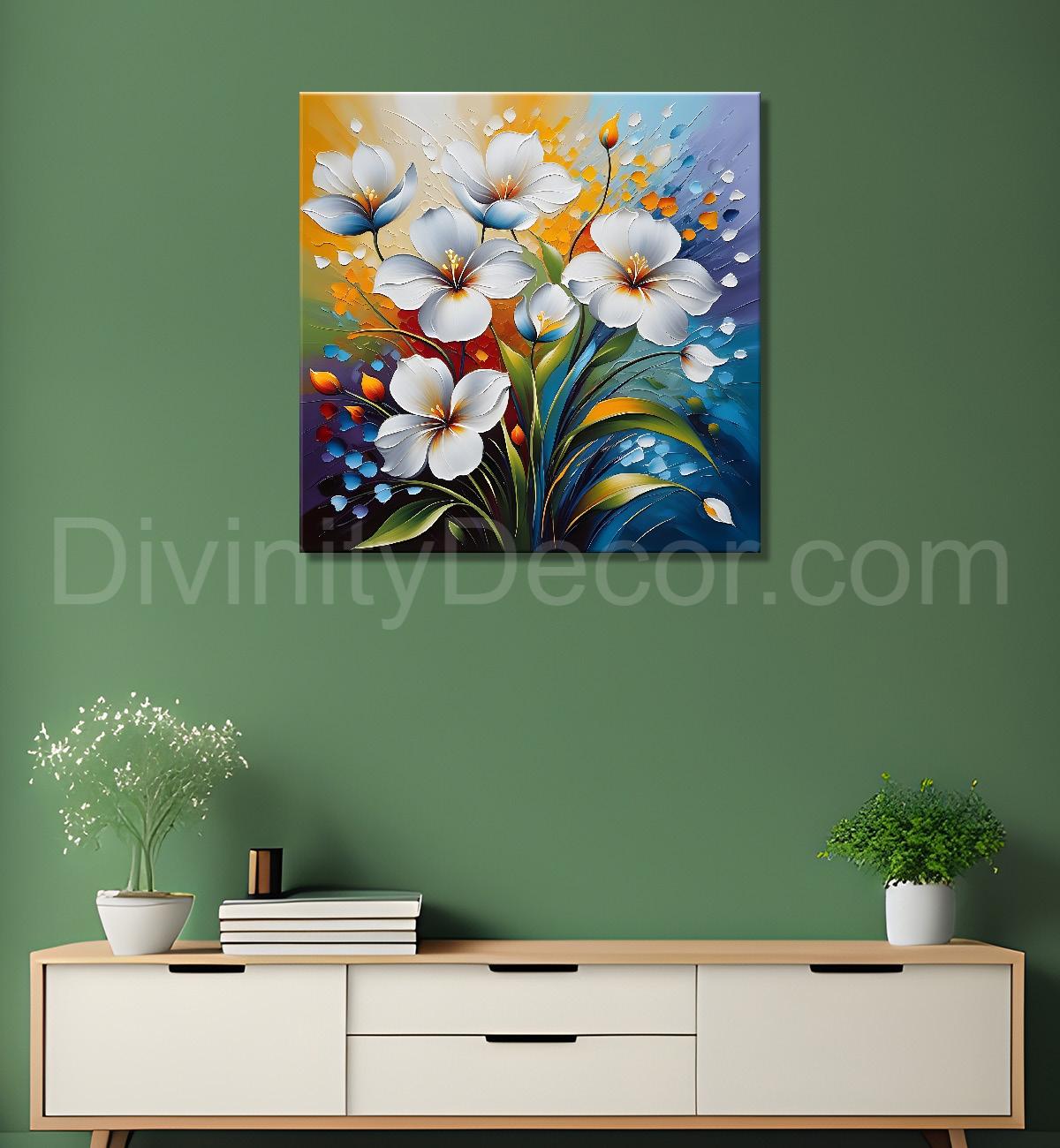 White flower in purple textured  painting Flower-S-518