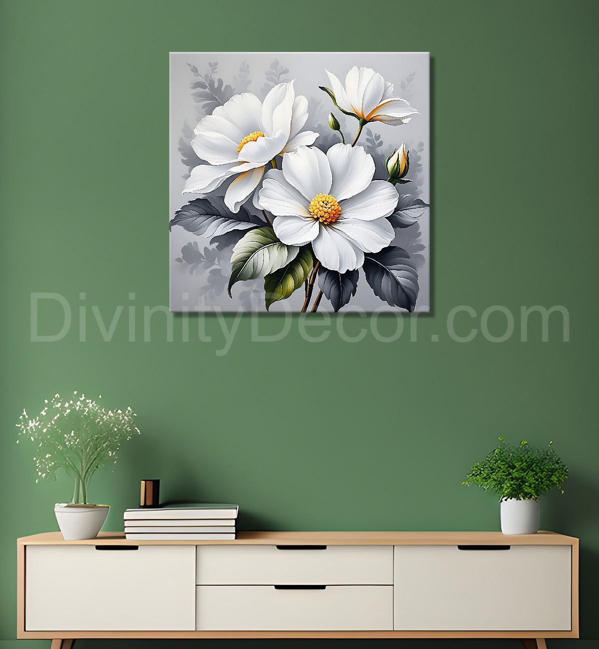 White flower in grey textured  painting Flower-S-519
