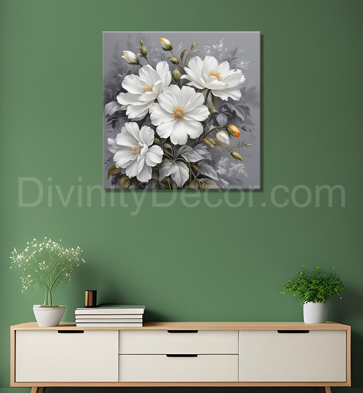 White flower in grey textured  painting Flower-S-520