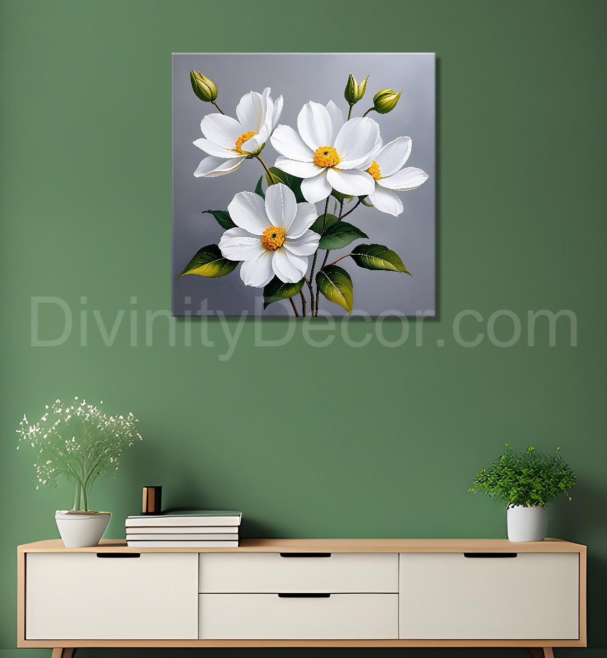 White flower in grey textured  painting Flower-S-521