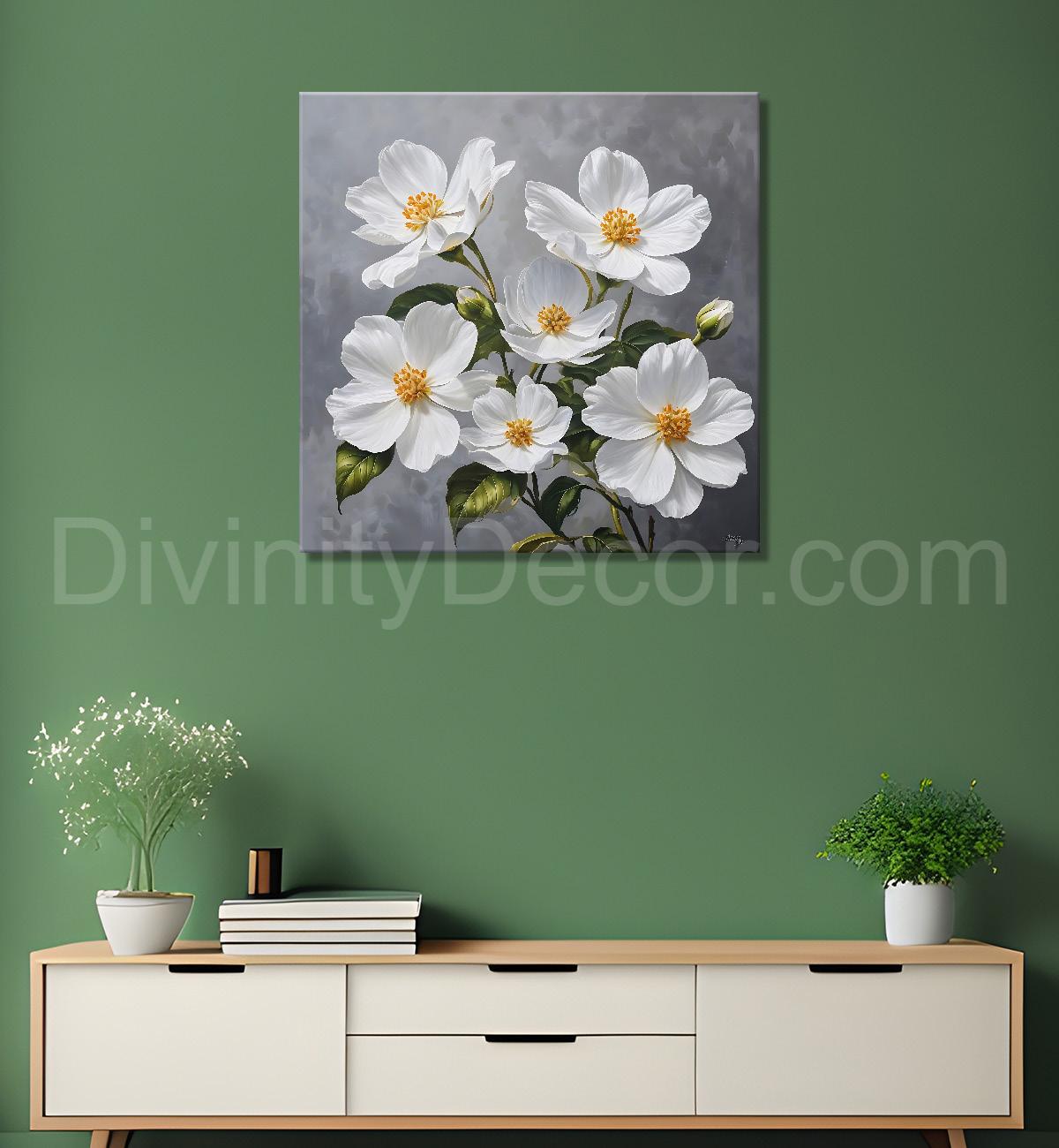 White flower in grey textured  painting Flower-S-522