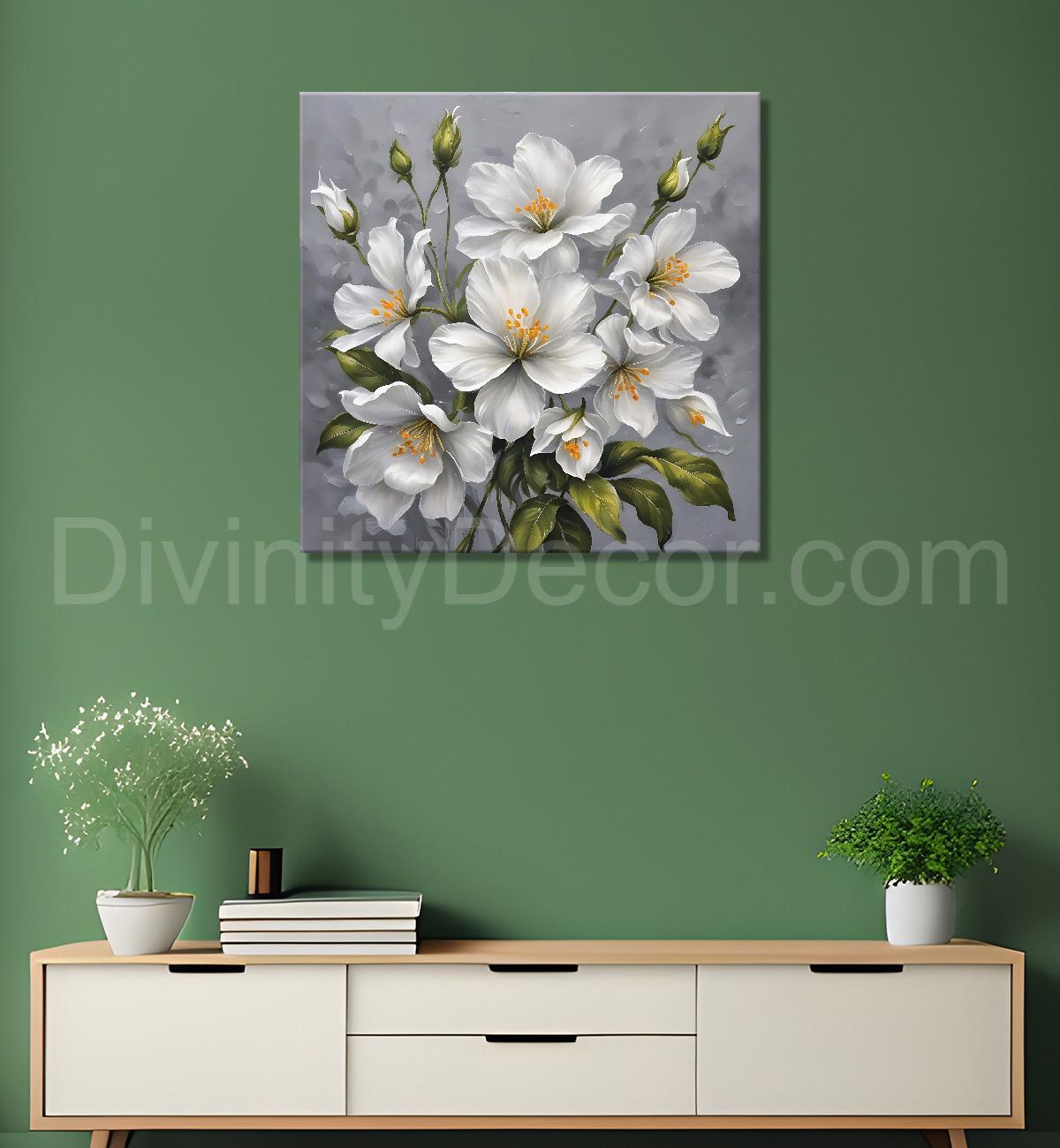 White flower in grey textured  painting Flower-S-523
