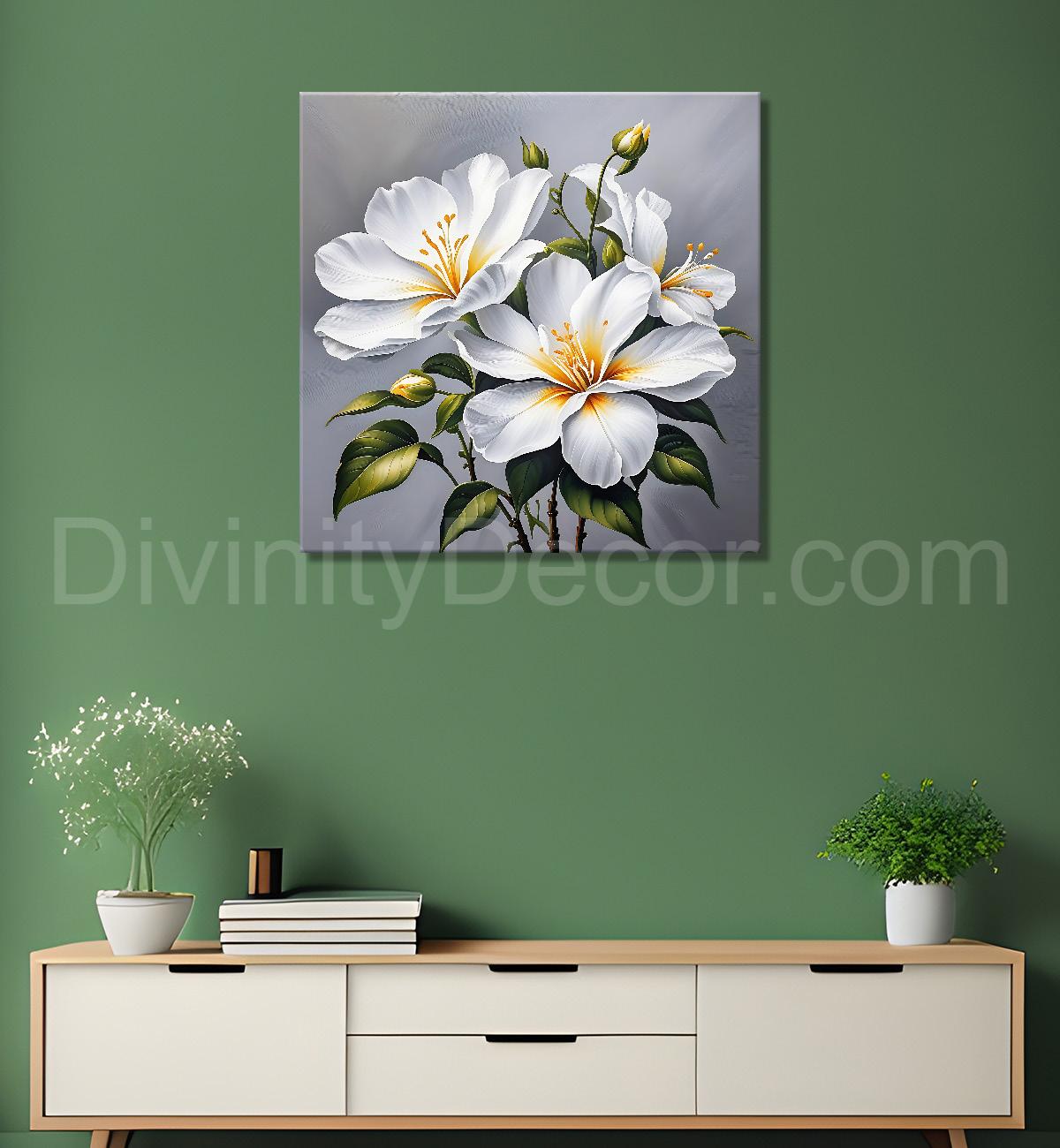 White flower in grey textured  painting Flower-S-524