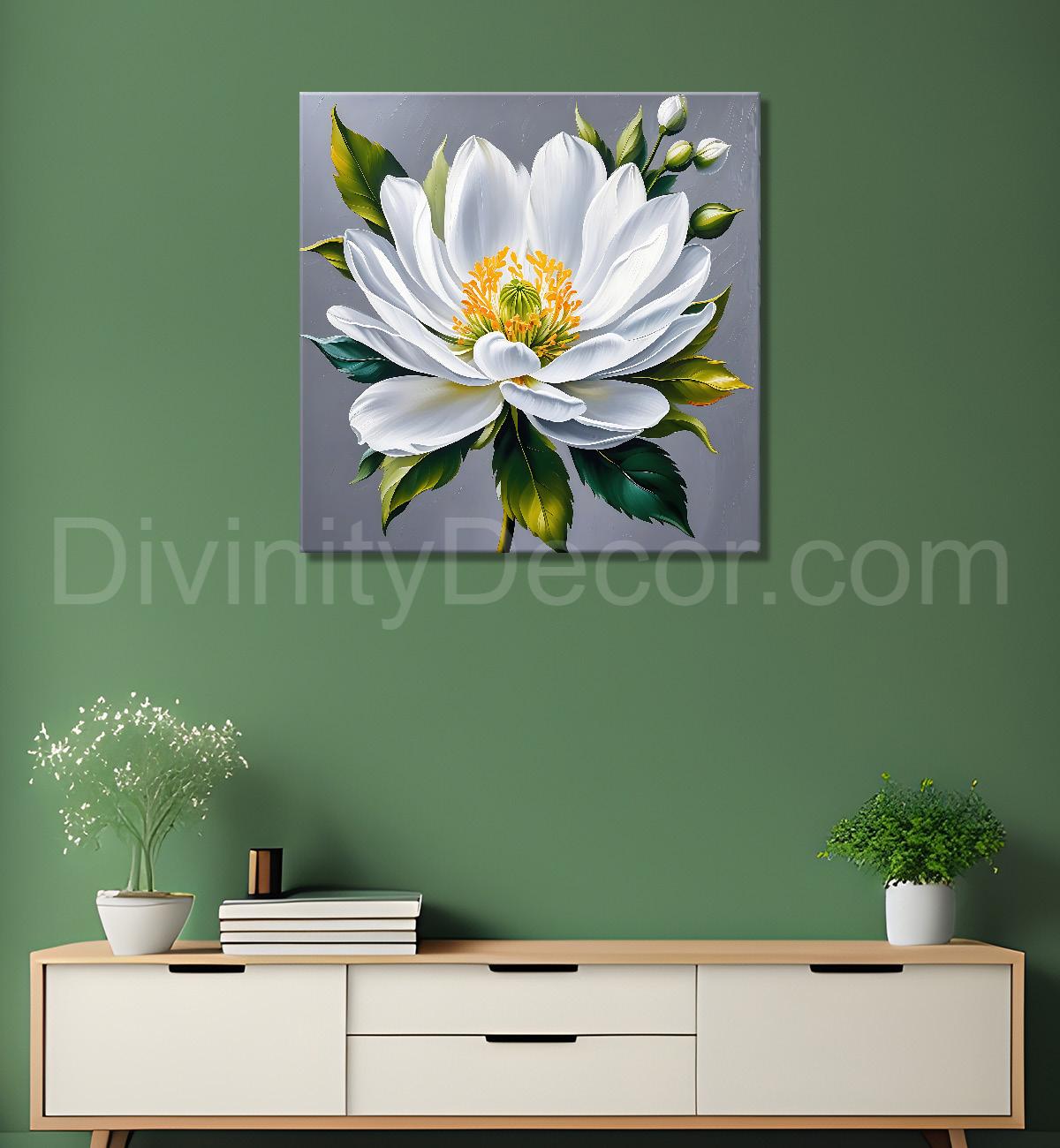 White flower in grey textured  painting Flower-S-525