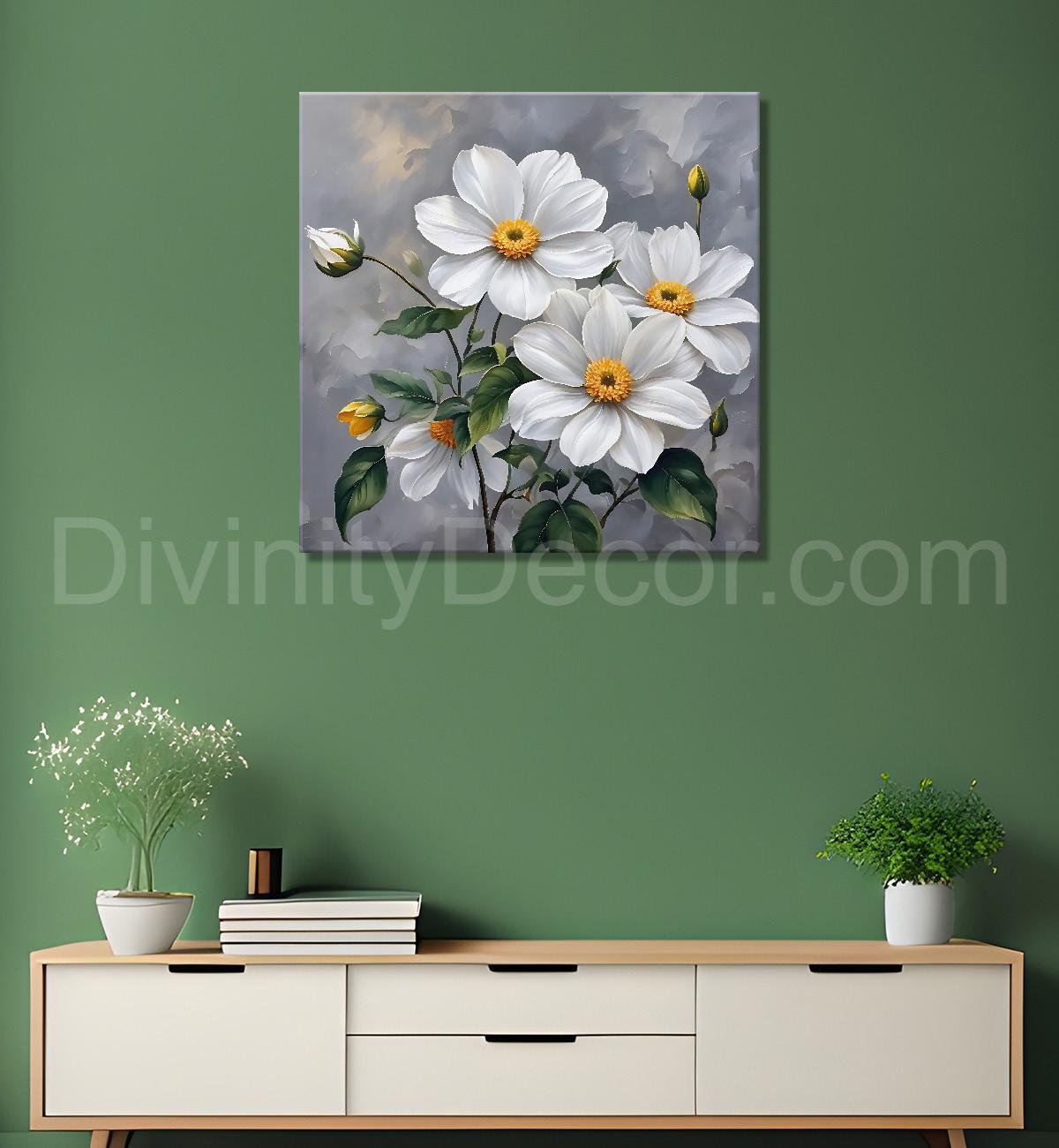 White flower in grey textured  painting Flower-S-526