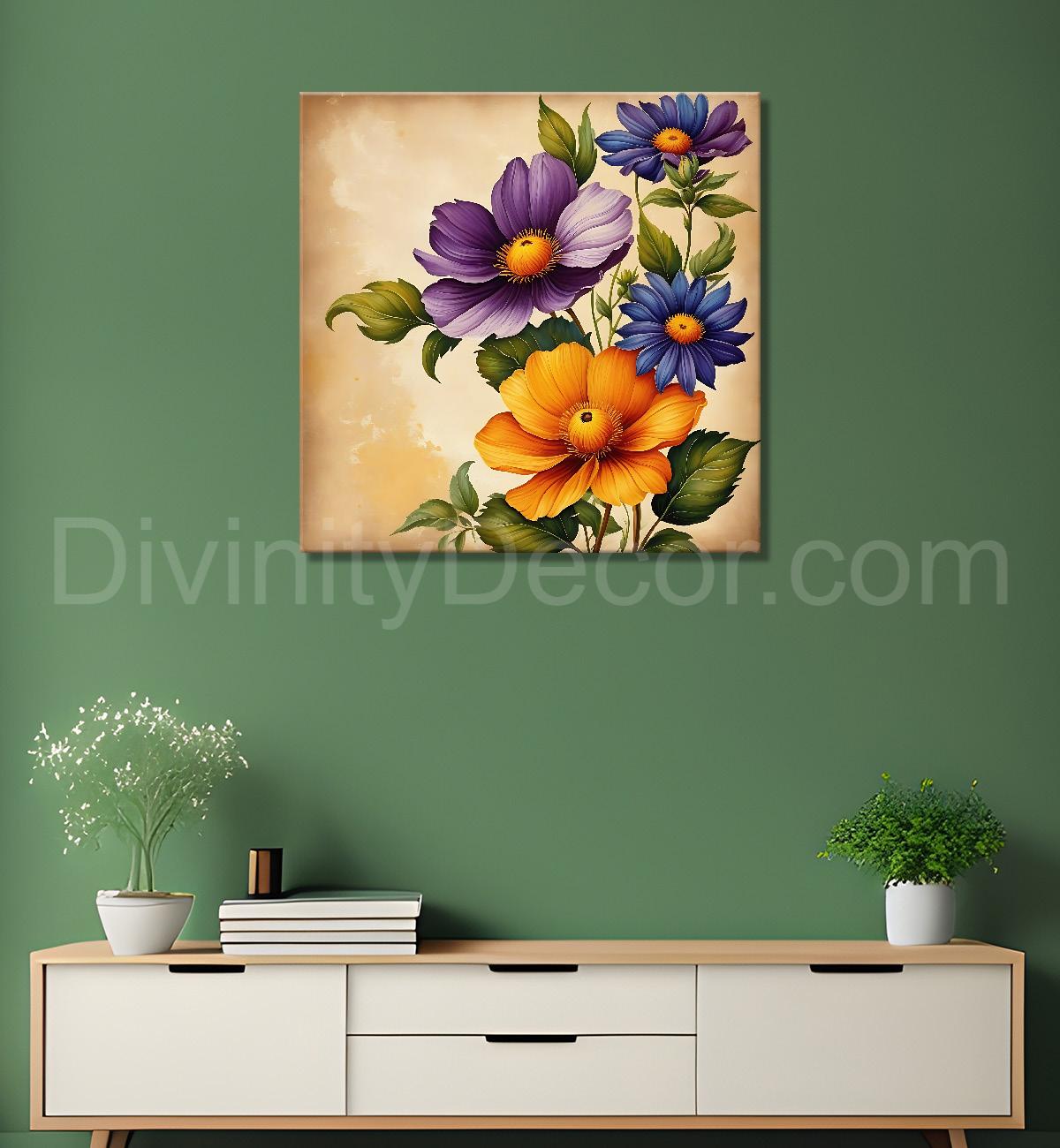 Colourful flowers in brown textured painting Flower-S-528
