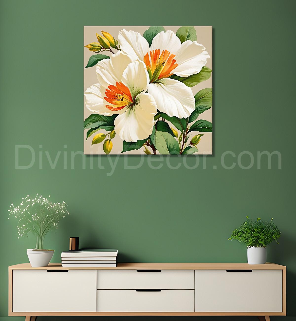 White flowers in light brown textured painting Flower-S-535