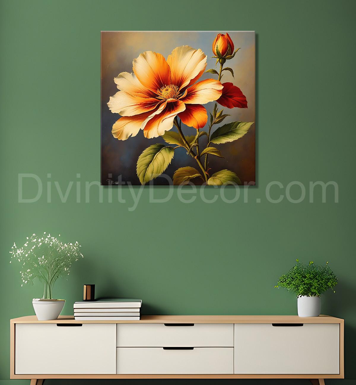 Orange flower in brown textured painting Flower-S-541