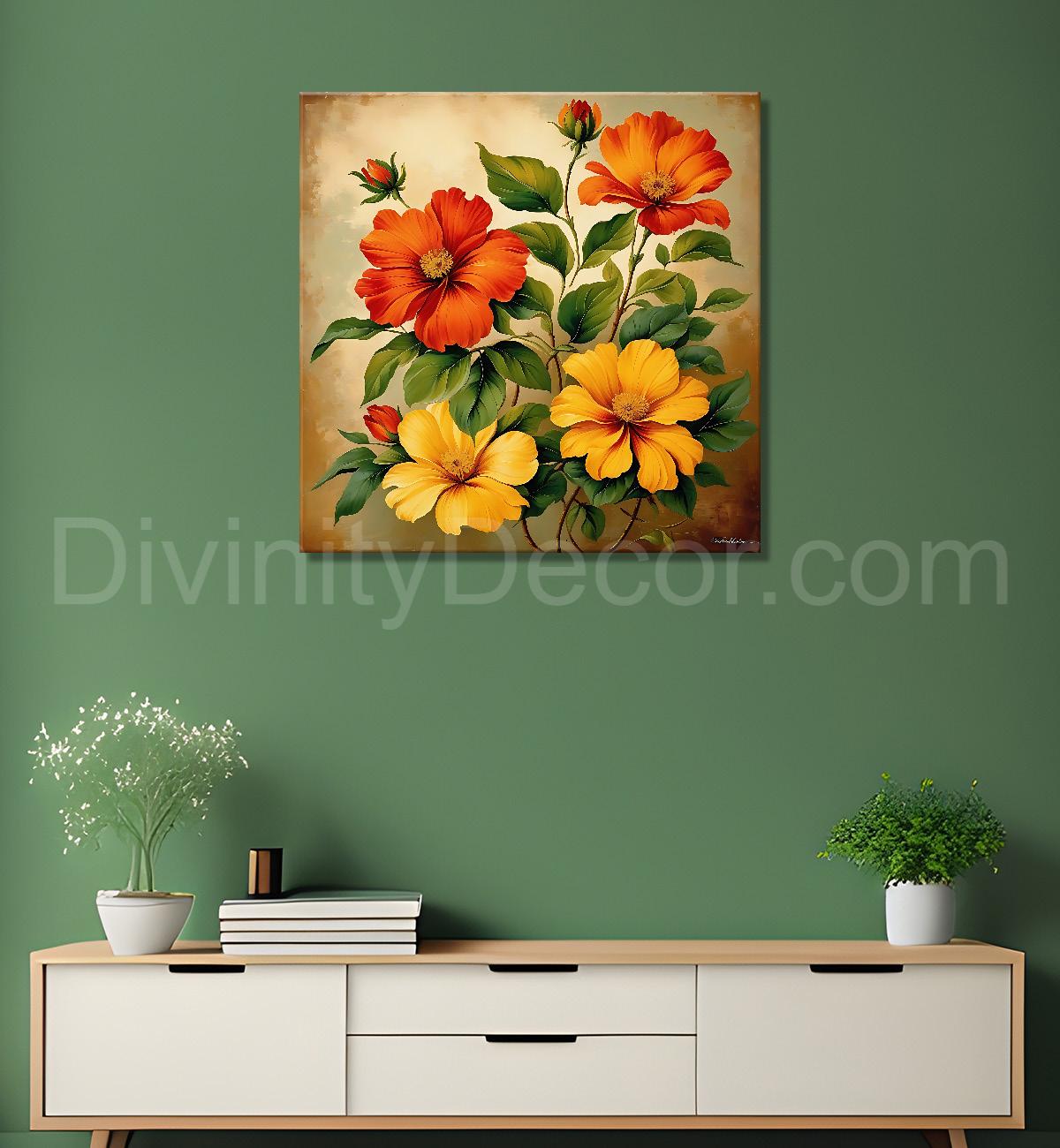 Colourful flowers in brown textured painting Flower-S-542
