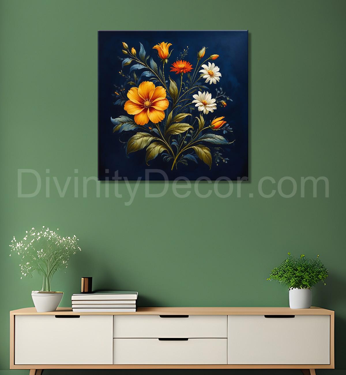 Colourful flowers in black textured painting Flower-S-545