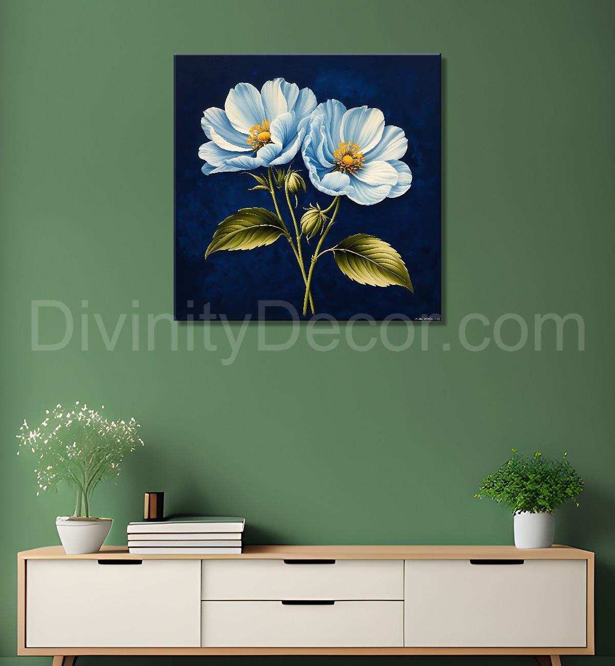 White flowers in navy blue textured painting Flower-S-546