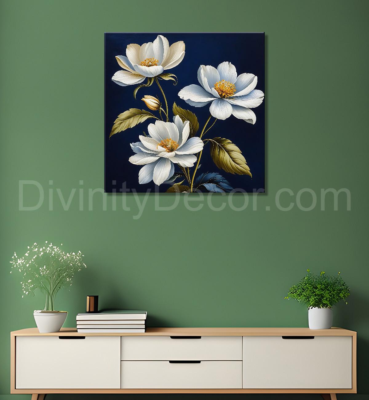White flowers in navy blue textured painting Flower-S-547