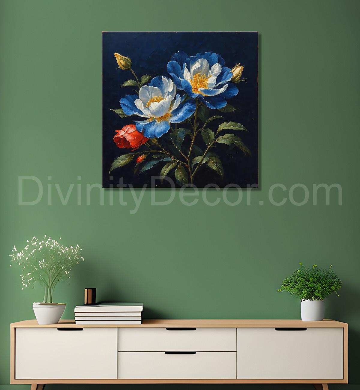 White flowers in navy blue textured painting Flower-S-548
