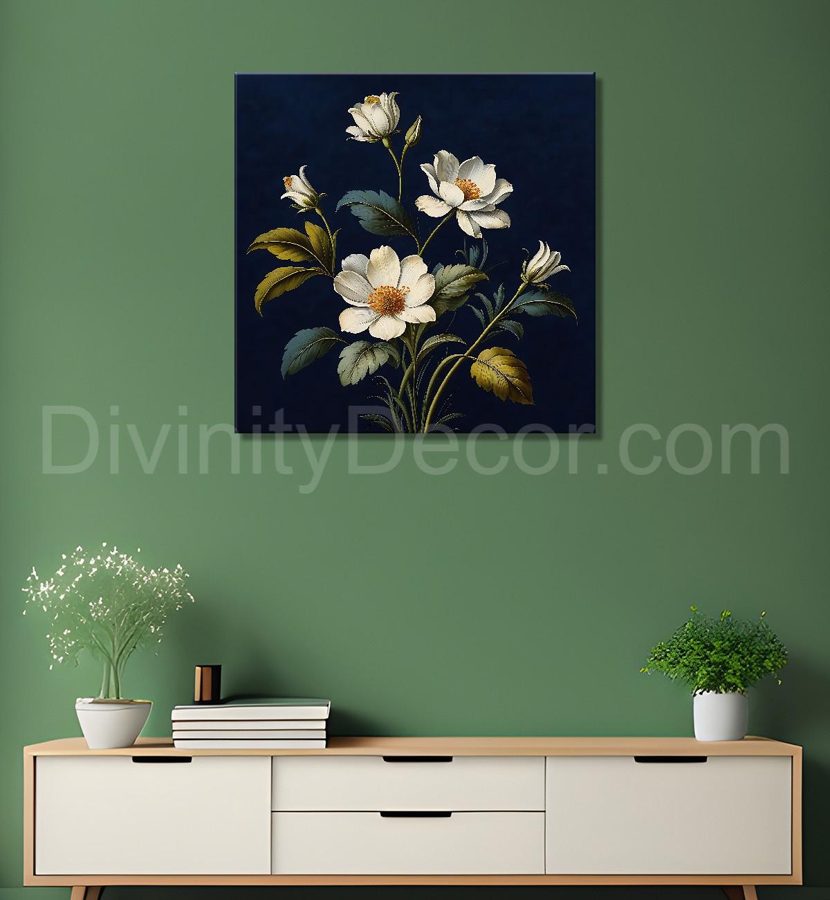 White flowers in navy blue textured painting Flower-S-549