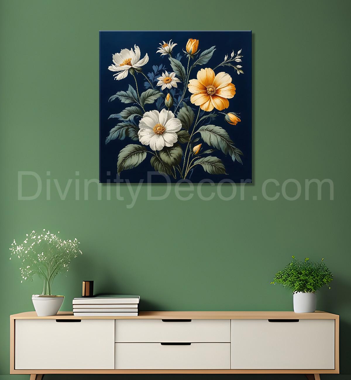 White and yellow flowers in navy blue textured painting Flower-S-550