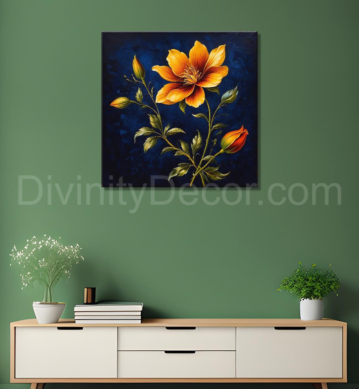 Yellow flowers in navy blue textured painting Flower-S-551