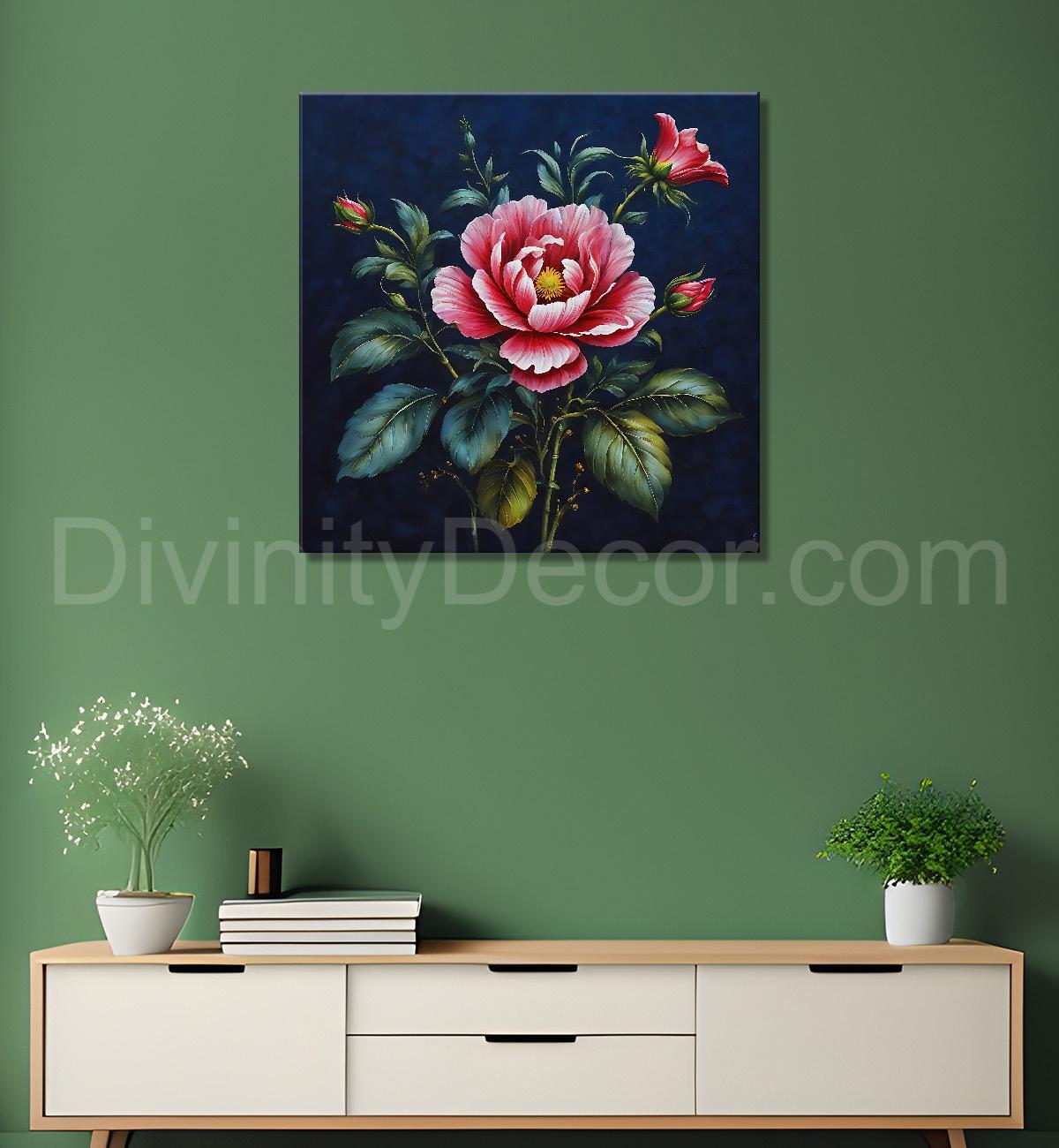 Pink flowers in navy blue textured painting Flower-S-552