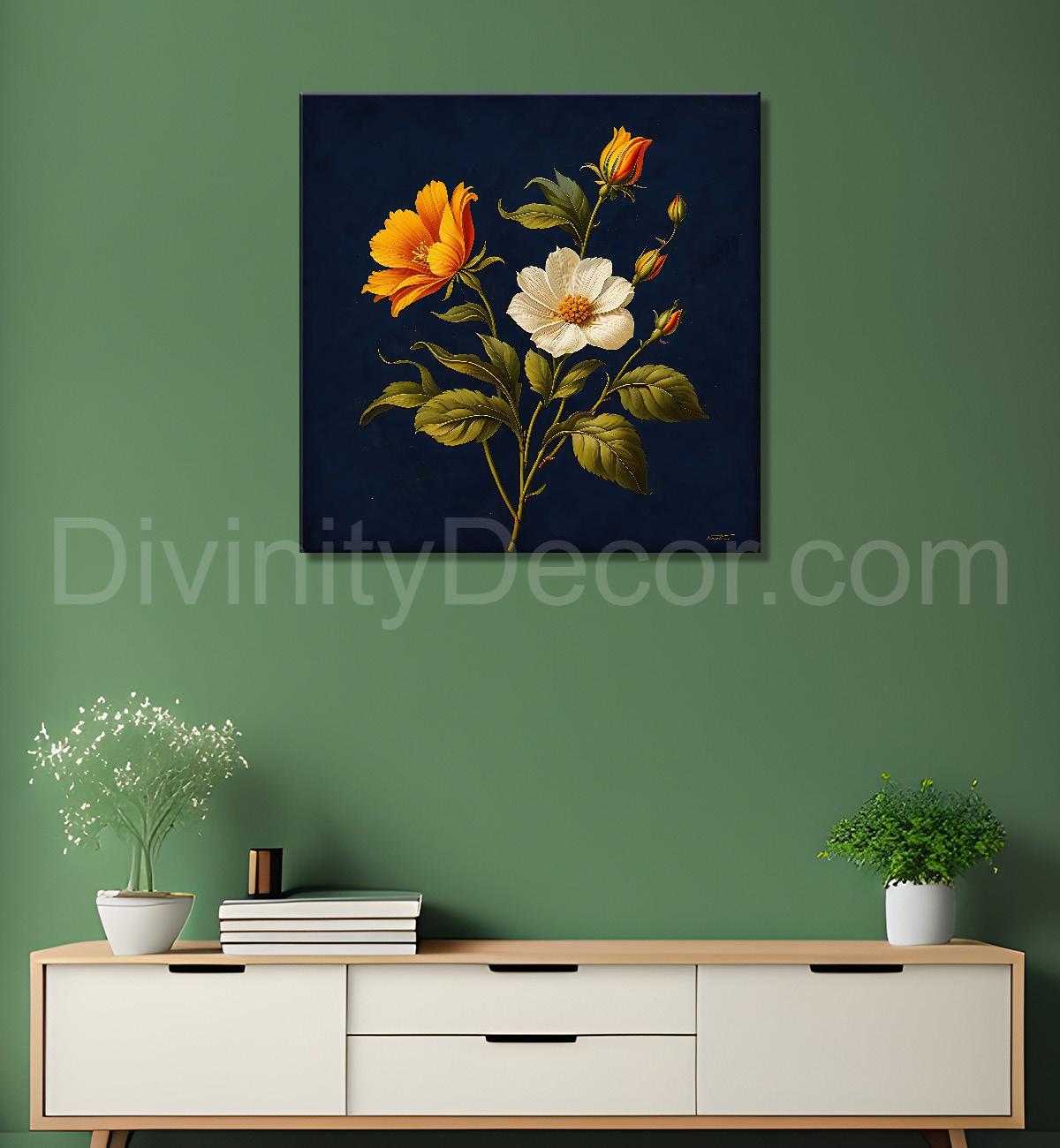 White and Yellow flowers in navy blue textured painting Flower-S-553