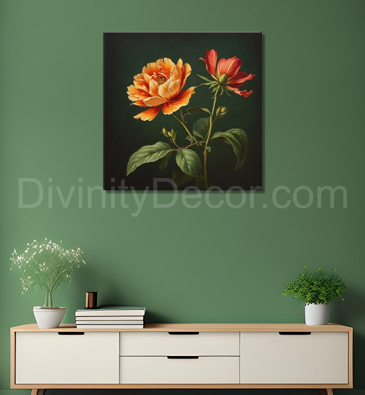 Orange flowers in navy blue textured painting Flower-S-554