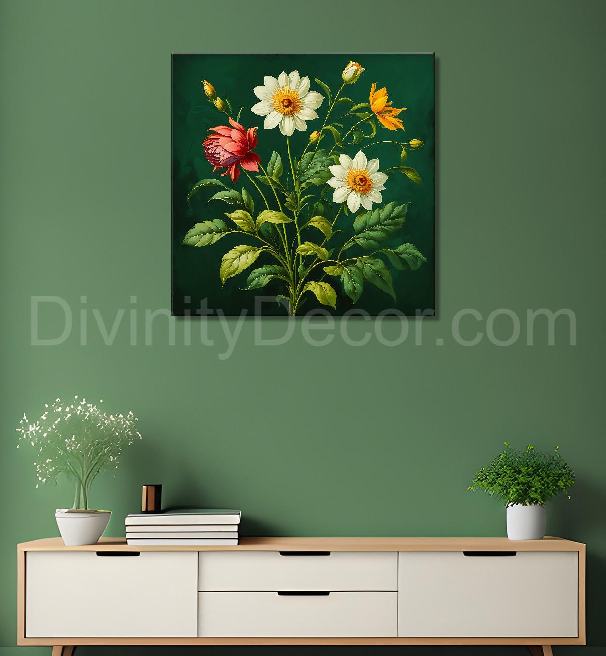 Colourful flowers in green textured painting Flower-S-555