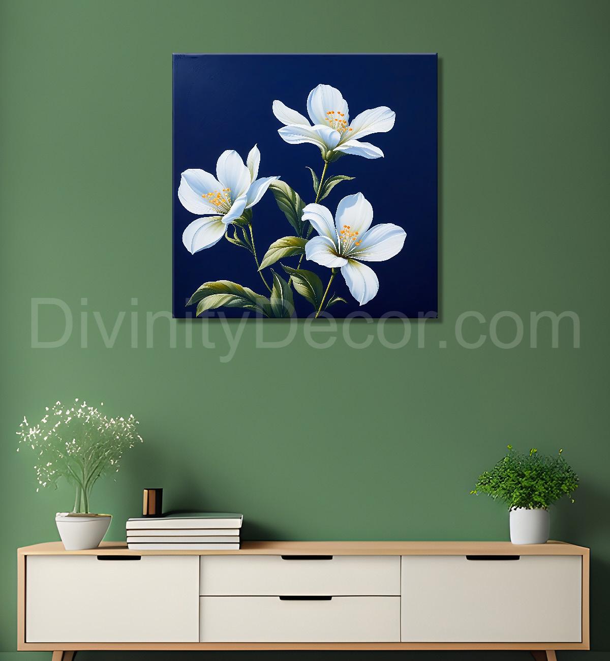 White flowers in navy blue textured painting Flower-S-559