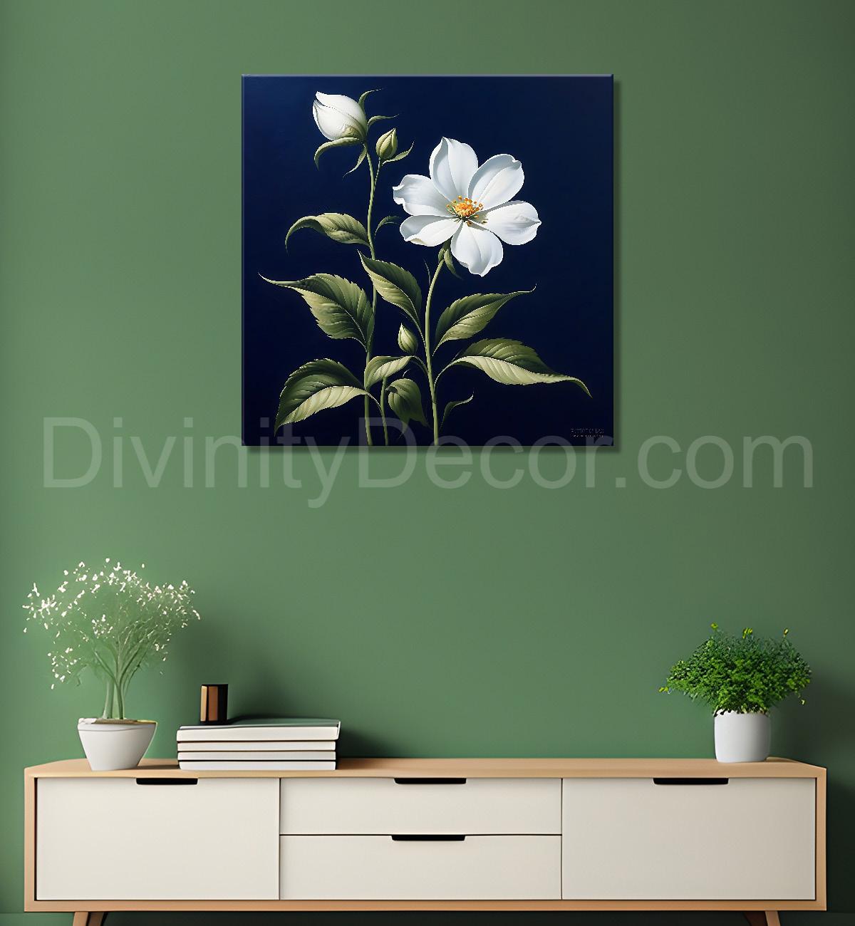 White flowers in navy blue textured painting Flower-S-560