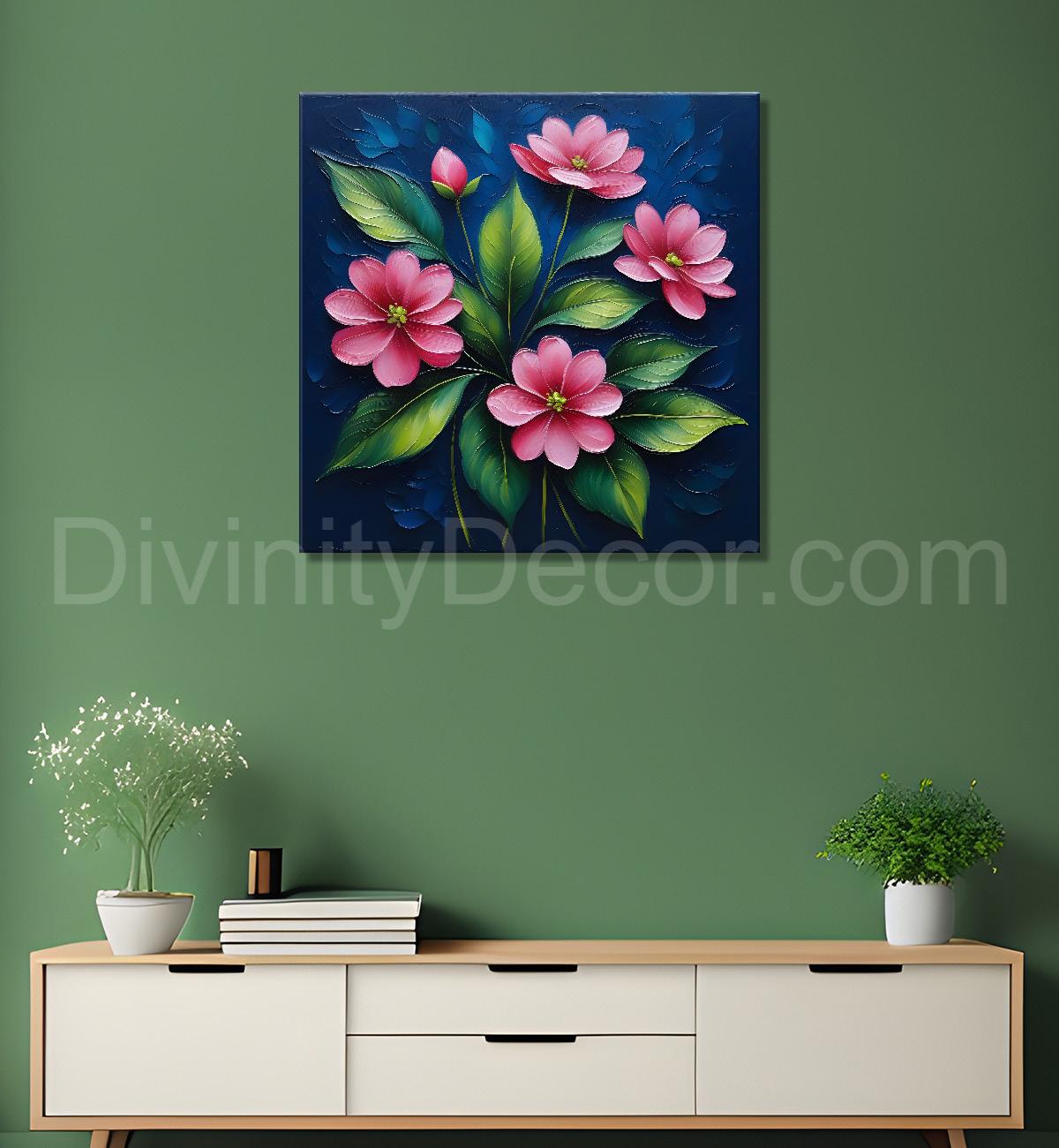 Pink flowers in navy blue textured painting Flower-S-562