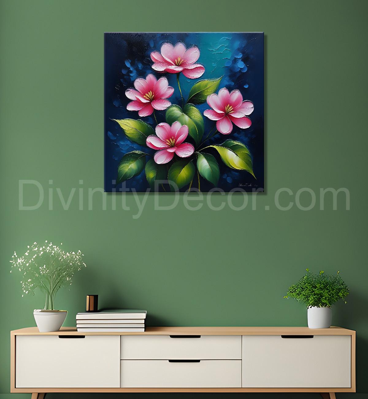 Pink flowers in navy blue textured painting Flower-S-563