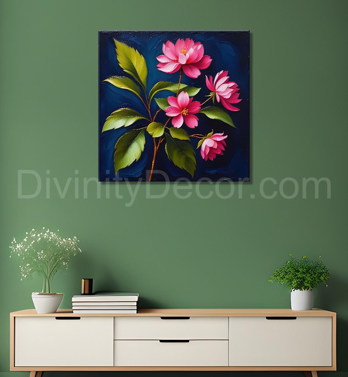 Pink flowers in navy blue textured painting Flower-S-564