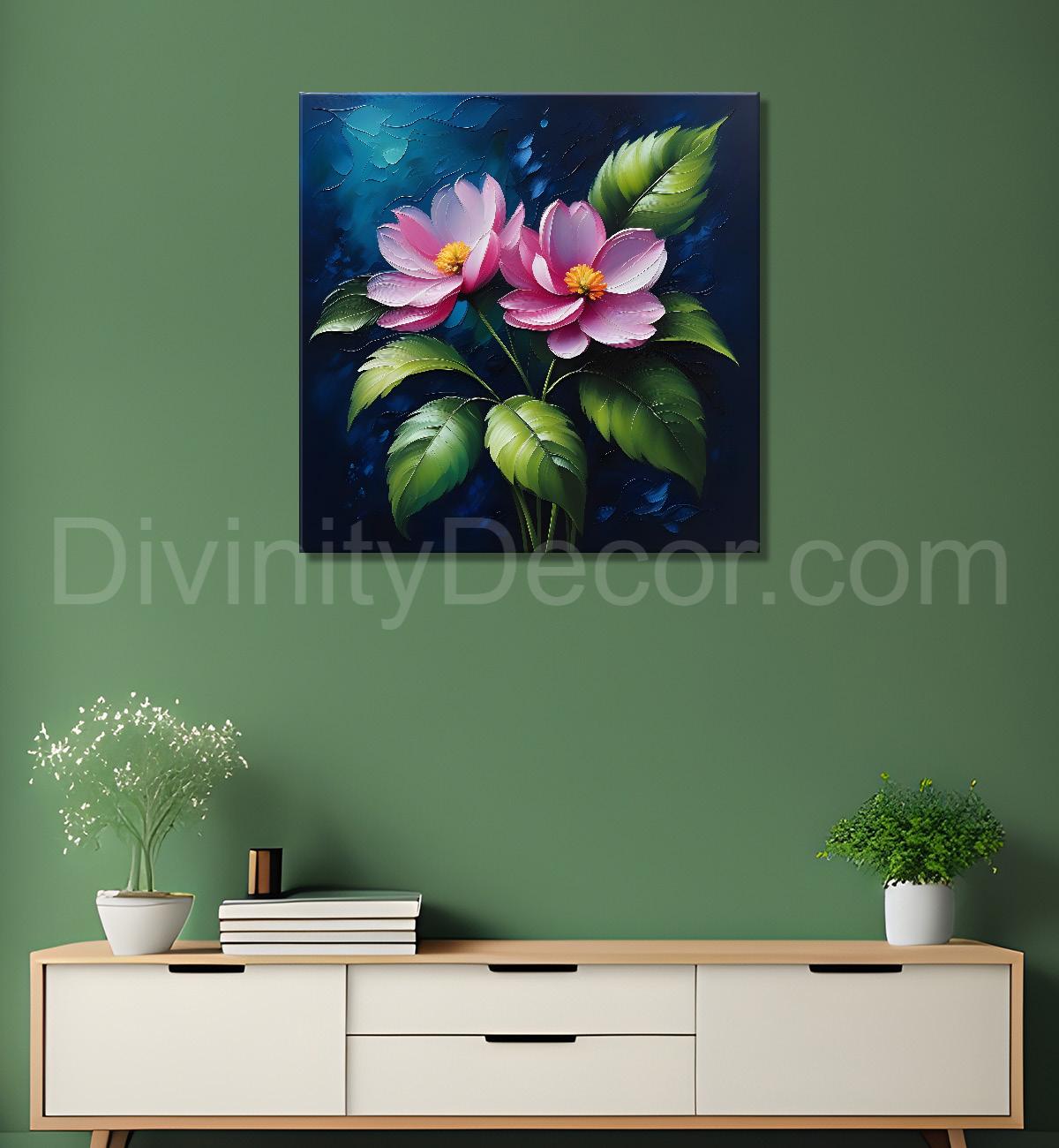 Pink flowers in navy blue textured painting Flower-S-565