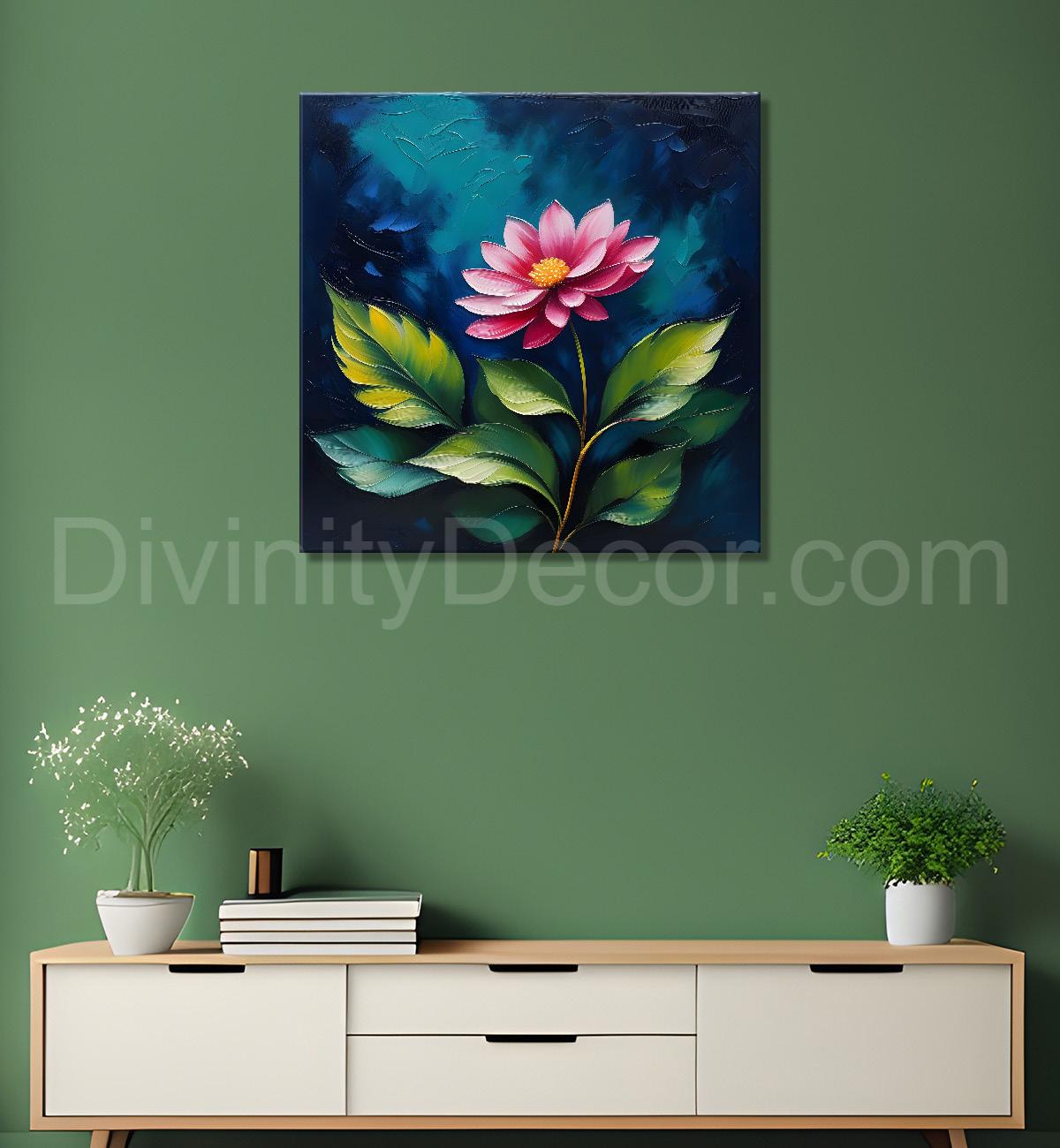 Pink flowers in navy blue textured painting Flower-S-566
