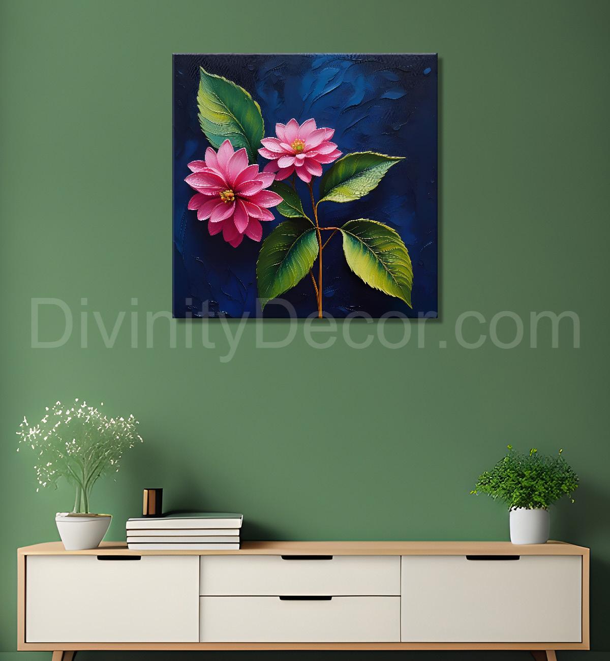 Pink flowers in navy blue textured painting Flower-S-567